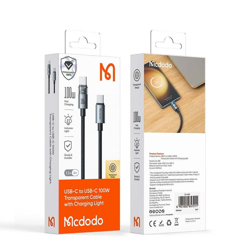 Cabo de Dados e Carregamento USB-C - USB-C McDodo CA-5582, 100W, 1.2m, Branco