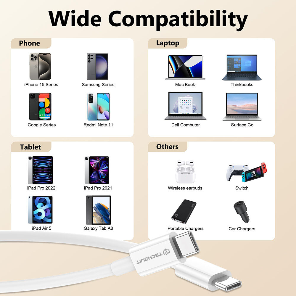 Cabo de Dados e Carregamento USB-C - USB-C Techsuit PCB130, 60W, 1m, Branco
