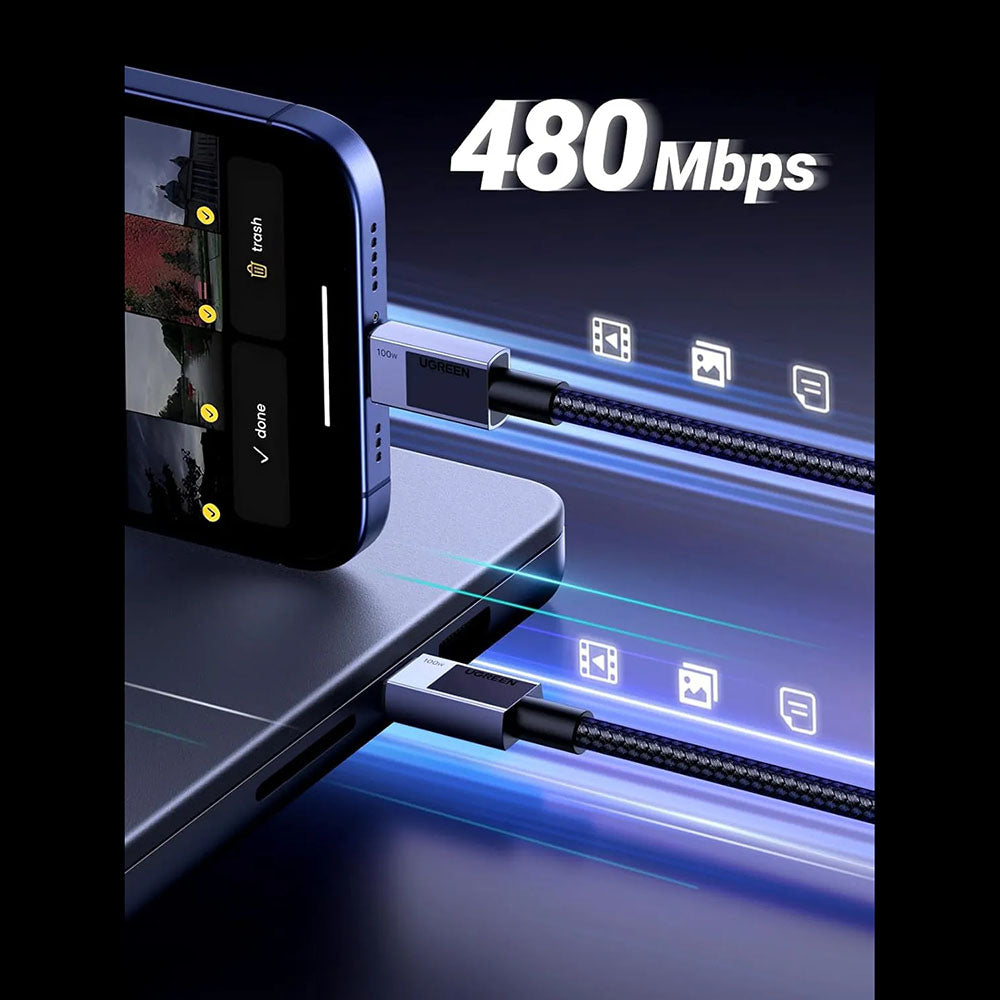 Cabo de Dados e Carregamento USB-C - USB-C UGREEN L512, 100W, 1m, Cinzento