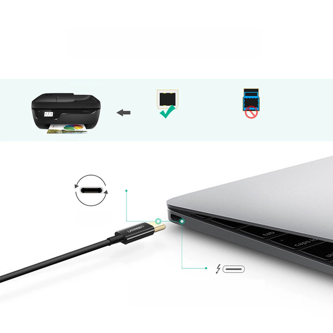 Cabo para impressora UGREEN US241, USB-C - USB-B, 2m, Preto