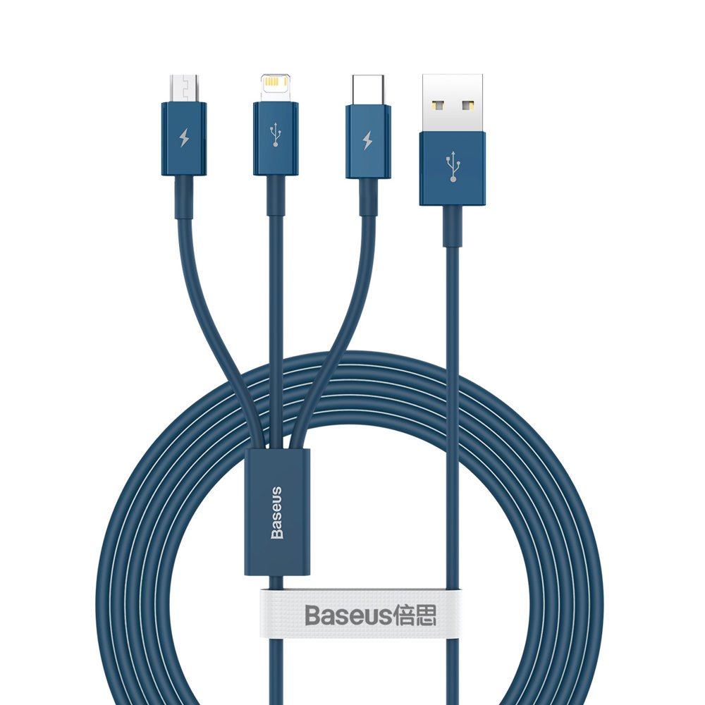 Cabo de carregamento USB-A - Lightning / microUSB / USB-C Baseus Superior Série 3em1, 20W, 1,5 m, Azul CAMLTYS-03