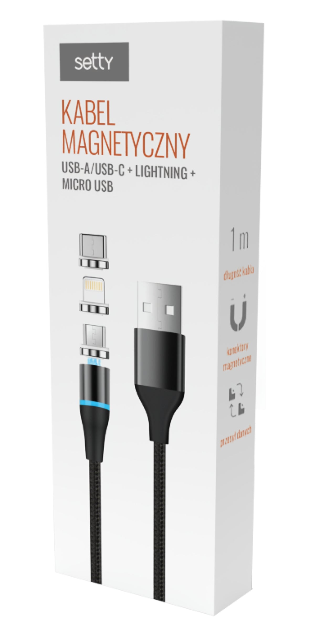 USB-A Charging Cable - Lightning / microUSB / USB-C Setty Magnetic DT 3in1, 12.5W, 1m, Black