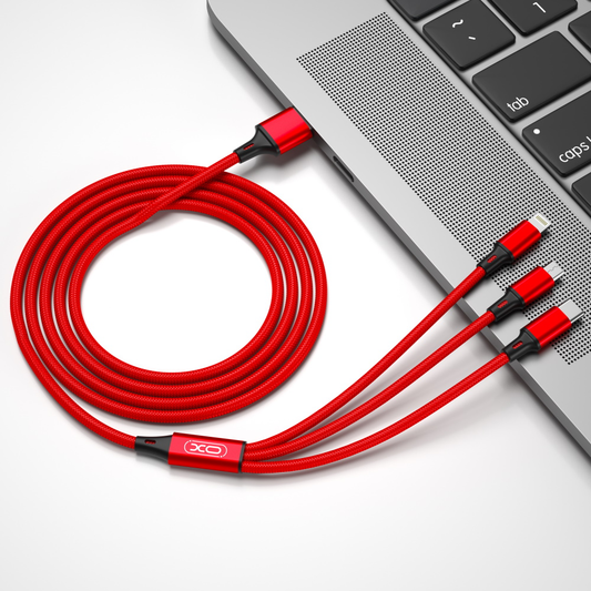 Cabo de Carregamento USB-A - Lightning / microUSB / USB-C XO Design NB173 3 em 1, 18W, 1.2m, Vermelho