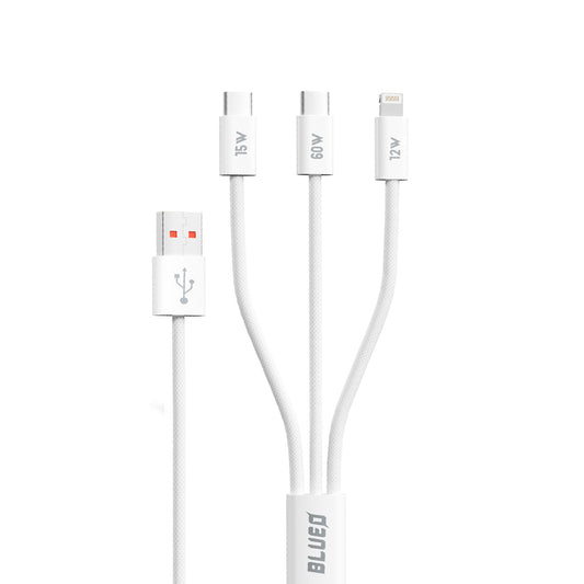 Cabo de Carregamento USB-A - Lightning / 2 x USB-C Blueo, 75W, 1.2m, Branco