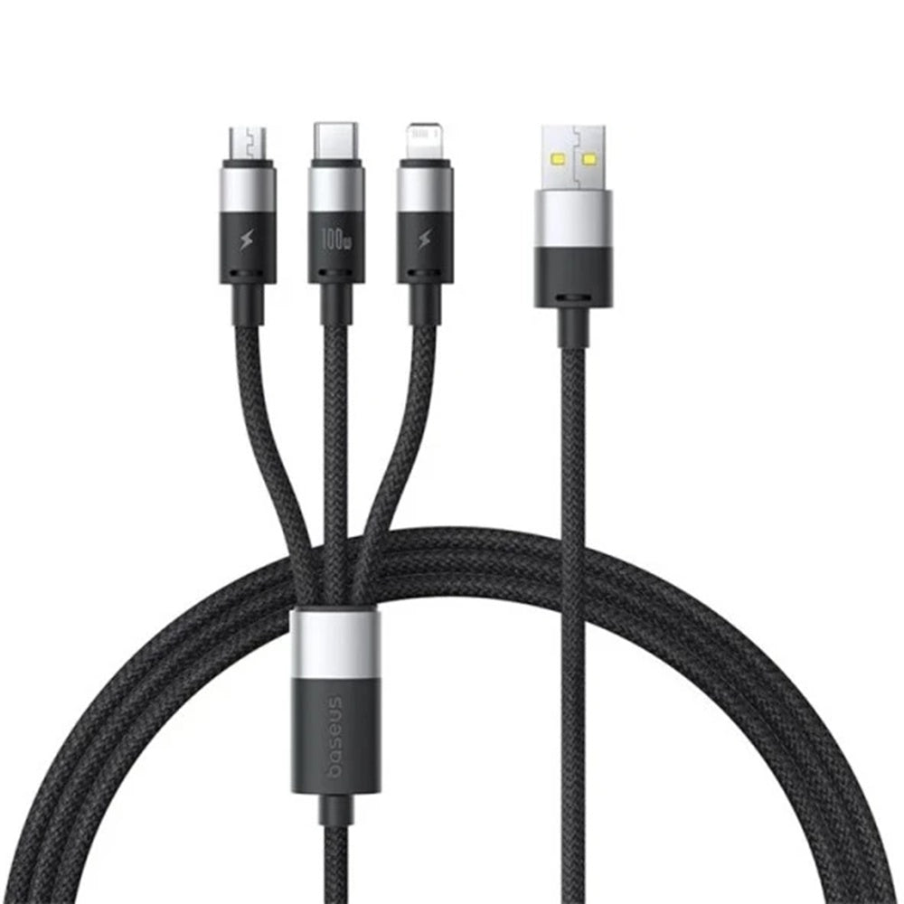 Cabo de Carregamento USB-A - Lightning / microUSB / USB-C Baseus StarSpeed 3in1, 100W, 1.5m, Preto P10319900111-01