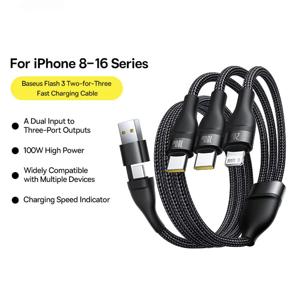 Cabo de Carregamento USB-A / USB-C - Lightning / 2 x USB-C Baseus Flash Series III 3in1, 100W, 1.5m, Preto P10377800U01-00