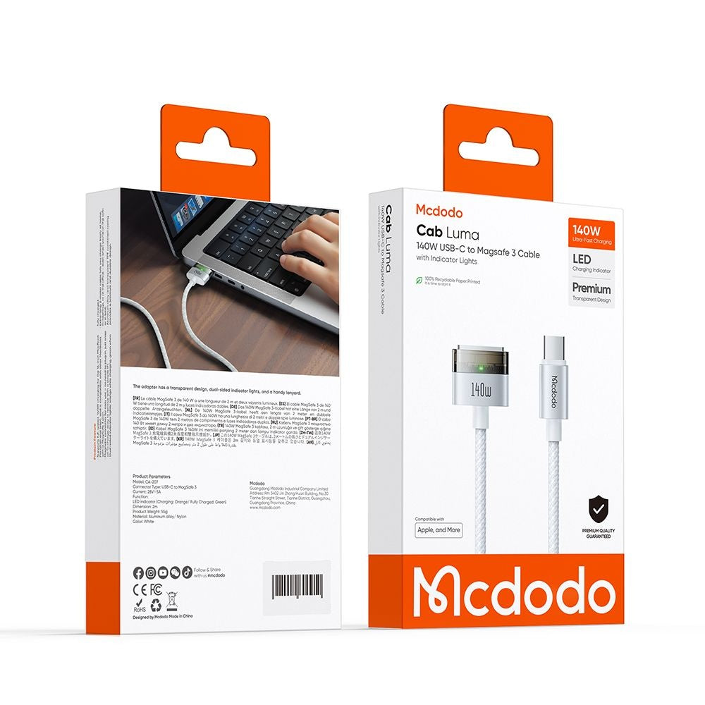 Cabo de Carregamento McDodo CA-2071, USB-C - MagSafe 3, 140W, 2m, Branco