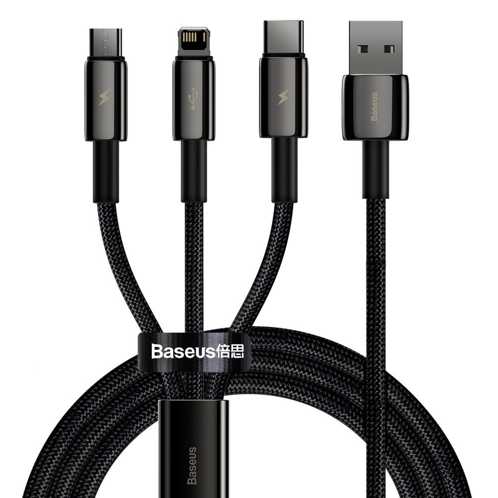 Cabo de carregamento USB-A - Lightning / microUSB / USB-C Baseus Tungsténio Dourado 3em1, 18W, 1,5 m, Preto CAMLTWJ-01
