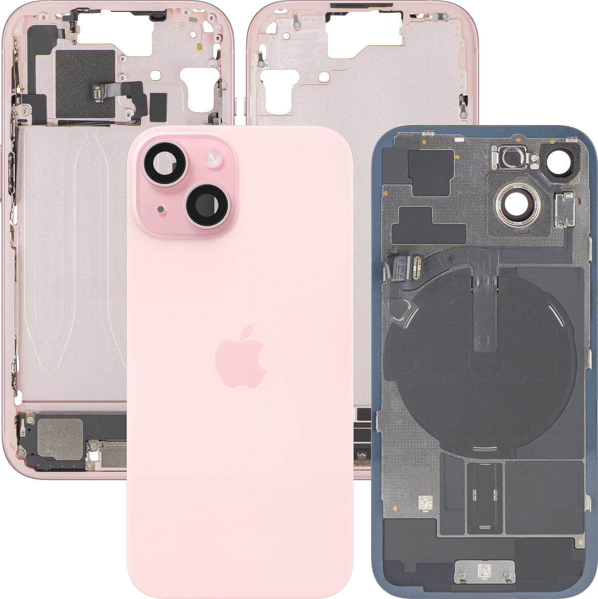 Tampa da Bateria Apple iPhone 15, Com Carcaça Média, Peças Completas, Rosa, Swap Premium