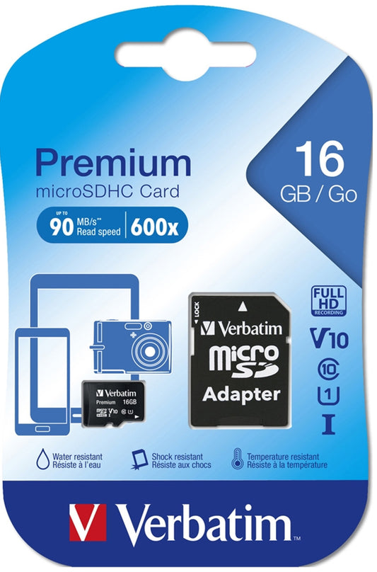 Cartão de Memória microSDHC Verbatim, 16Gb, Classe 10 / UHS-1 U1, Com Adaptador