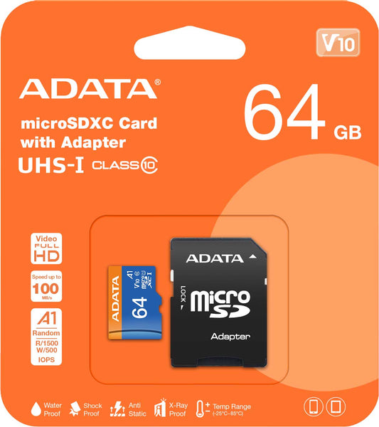 Cartão de memória microSDXC Adata, 64 Gb, Classe 10 / UHS-1 U1, com adaptador AUSDX64GUICL10A1-RA1 AUSDX64GUICL10A1-RA1