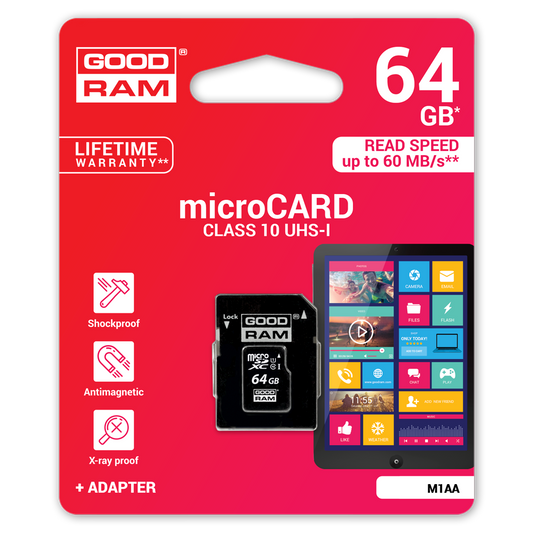 Cartão de Memória microSDXC GoodRam, 64Gb, Classe 10 / UHS-1 U1, Com Adaptador M1AA-0640R12