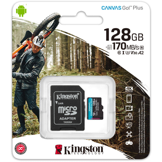 Cartão de memória microSDXC Kingston Canvas Go Plus, 128Gb, Classe 10 / UHS-1 U3, com adaptador SDCG3/128GB