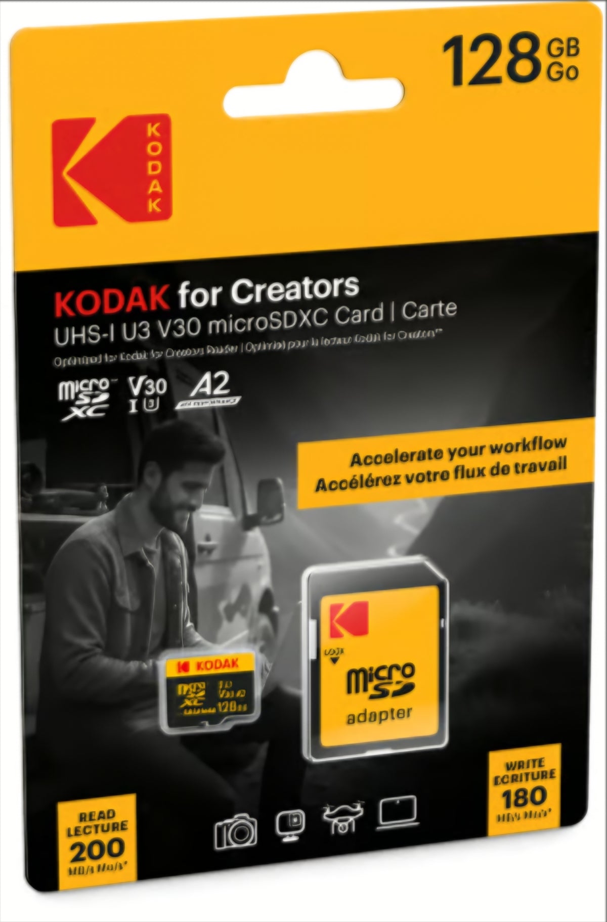 Cartão de Memória microSDXC Kodak for Creators, 128Gb, Classe 10 / UHS-1 U3, Com Adaptador EKMSDM128GXCU3CR