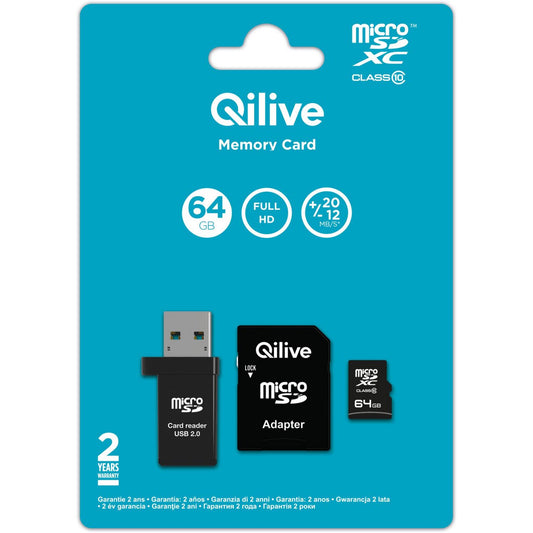 Cartão de Memória microSDXC Qilive, 64Gb, Classe 10, Com Leitor de Cartão e Adaptador EKMSDM64GXC10QL