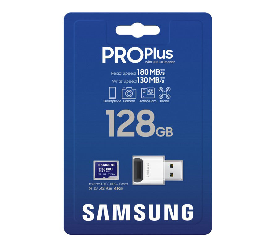 Cartão de Memória microSDXC Samsung PRO Plus, 128Gb, Classe 10 / UHS-1 U3, com Leitor de Cartão MB-MD128SB/WW