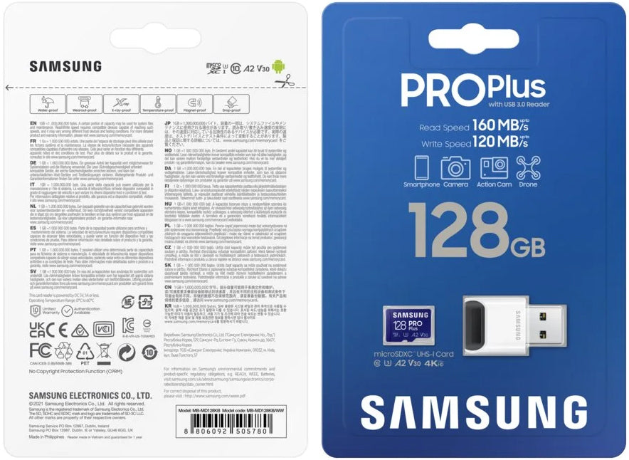 Cartão de Memória microSDXC Samsung PRO Plus, 128Gb, Classe 10 / UHS-1 U3, Com Leitor de Cartão e Adaptador MB-MD128KB/WW