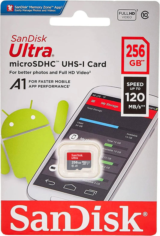 Cartão de Memória microSDXC SanDisk Ultra Android A1, 256Gb, Classe 10 / UHS-1 U1 SDSQUAC-256G-GN6MN