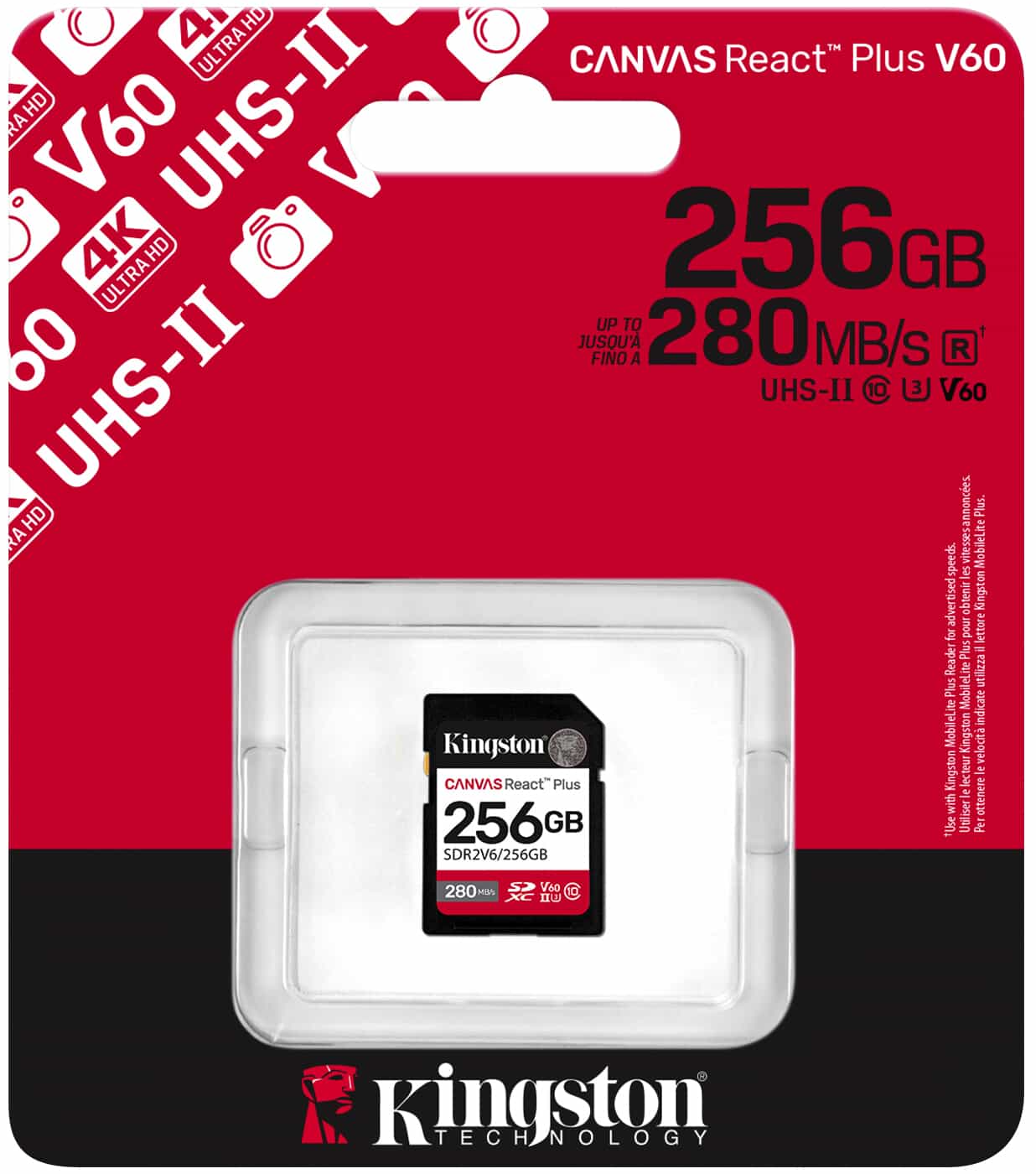 Cartão de Memória SDXC Kingston Canvas React Plus, 256Gb, Classe 10 / UHS-2 U3 SDR2V6/256GB