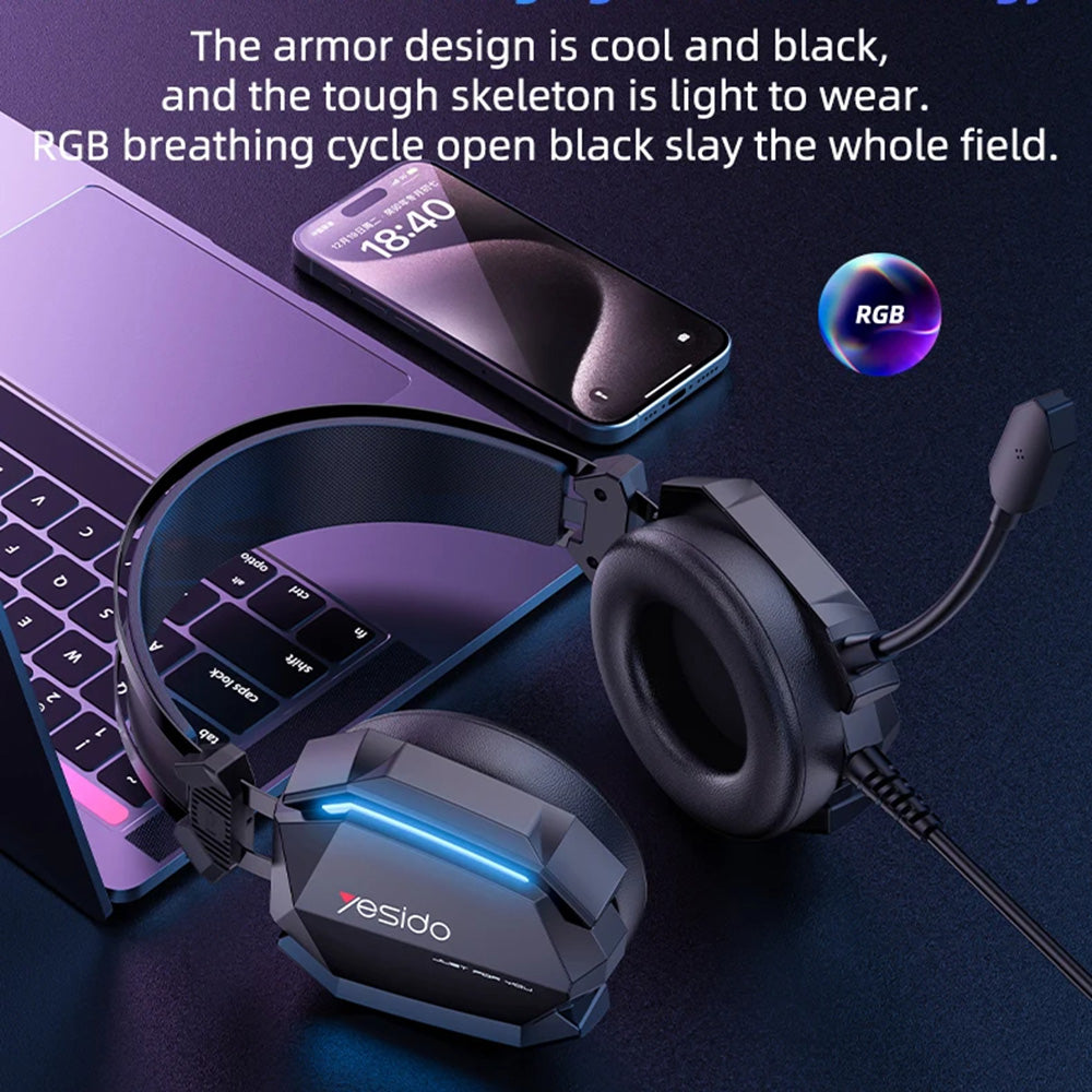 Gaming Headphones 3.5mm Yesido EK03, RGB, 2m, Black