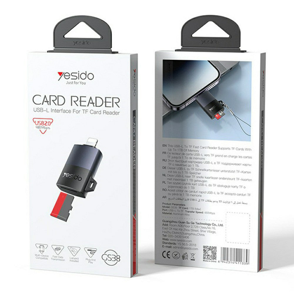 Leitor de Cartão Lightning Yesido GS38, microSD, Cinzento
