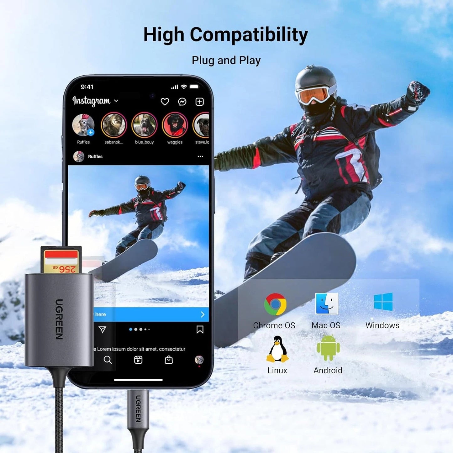 Leitor de Cartão USB-C UGREEN CM401, SD - microSD, Cinzento