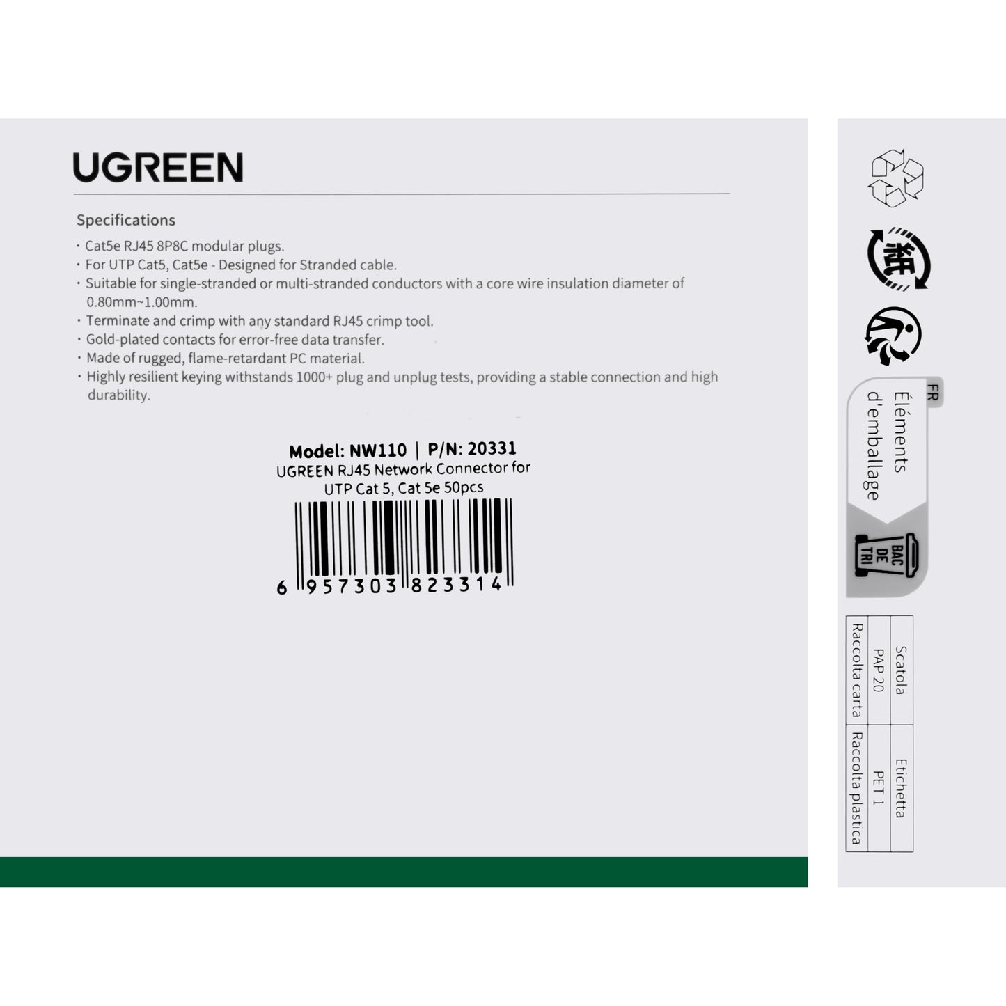 Conector de rede UGREEN NW110, RJ45, Cat5, Conjunto 50 peças