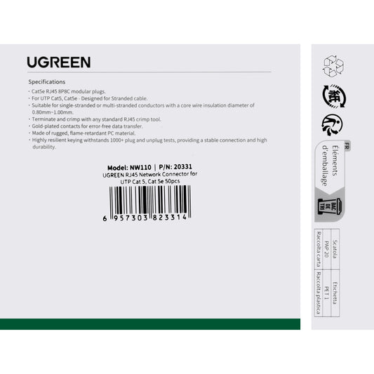 Conector de rede UGREEN NW110, RJ45, Cat5, Conjunto 50 peças