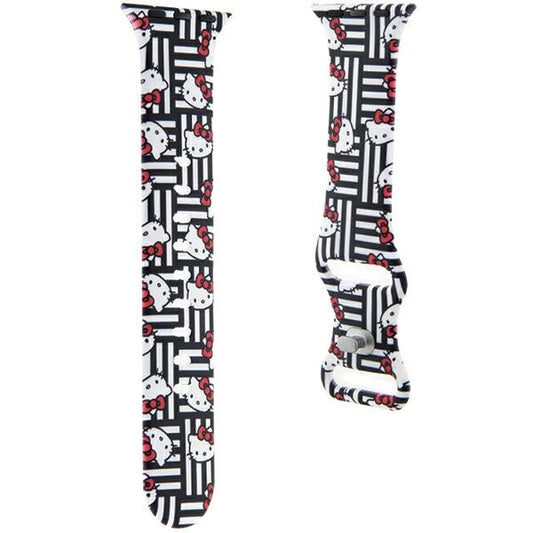 Pulseira Hello Kitty Silicone Kitty Heads & Stripes para Apple Watch 42mm / 41mm / 40mm / 38mm Series, Preta