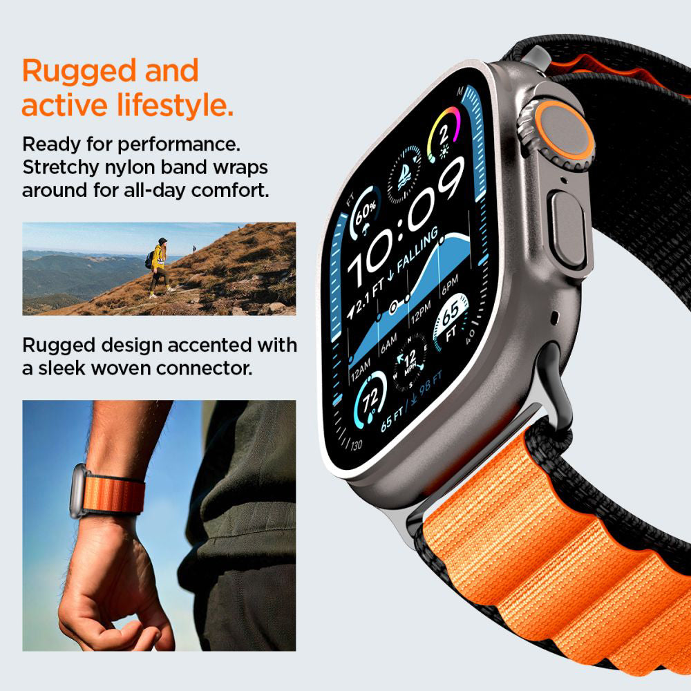 Correia Spigen WBF1 para Apple Watch 49mm / 46mm / 45mm / 44mm Series, Preta Laranja