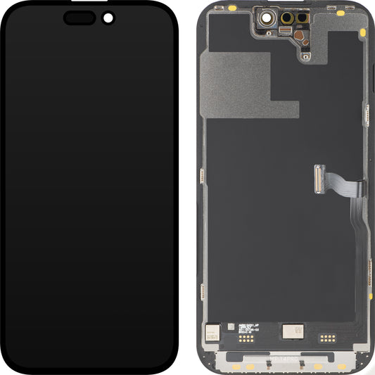 Ecrã com Touchscreen MP compatível com Apple iPhone 14 Pro, com Moldura, Versão Premium Soft OLED FHD 120Hz Diagnóstico, Preto