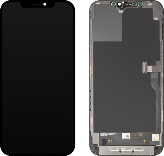 Ecrã com Touchscreen MP compatível com Apple iPhone 12 Pro Max, com Moldura, Versão Soft OLED FHD Diagnóstico, Preto