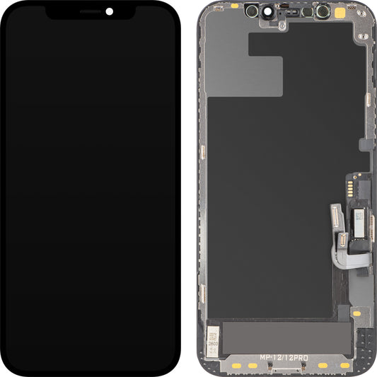 Ecrã com Touchscreen MP compatível com Apple iPhone 12 / 12 Pro, com Moldura, Versão Soft OLED FHD Diagnóstico, Preto