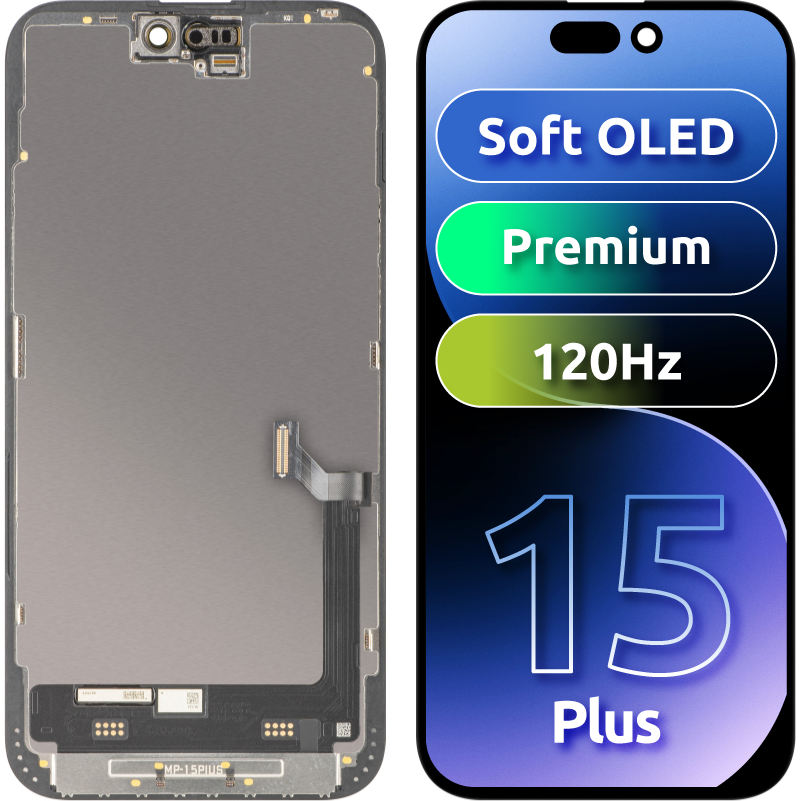 Ecrã com ecrã tátil MP compatível com Apple iPhone 15 Plus, com Moldura, Versão Premium Soft OLED FHD 120Hz, Preto