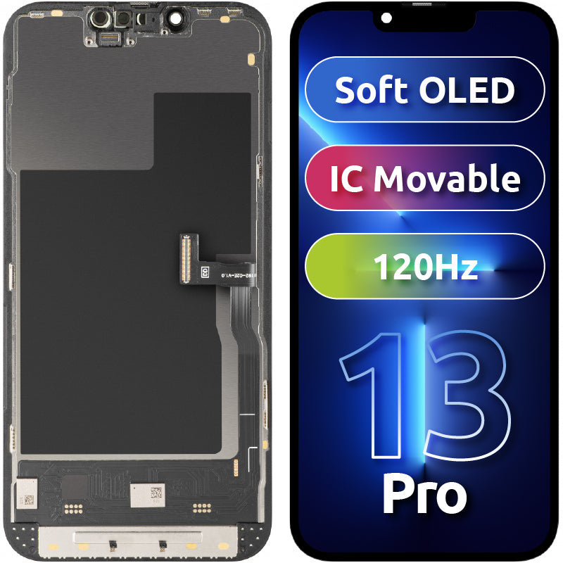 MP Touchscreen Display compatible with Apple iPhone 13 Pro, with Frame, Soft OLED FHD 120Hz IC Movable Version, Black
