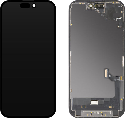 Ecrã com ecrã tátil e sensor de proximidade MP compatível com Apple iPhone 15, com moldura, versão de software OLED FHD Diagnóstico, preto