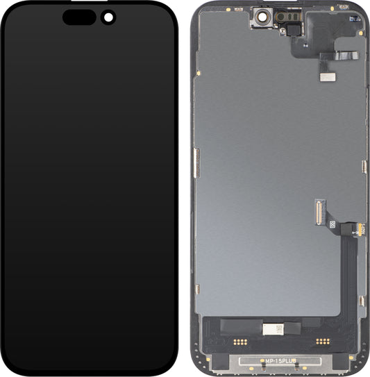 Ecrã com Ecrã Tátil e Sensor de Proximidade MP compatível com Apple iPhone 15 Plus, com Moldura, Versão de Software OLED FHD Diagnóstico, Preto