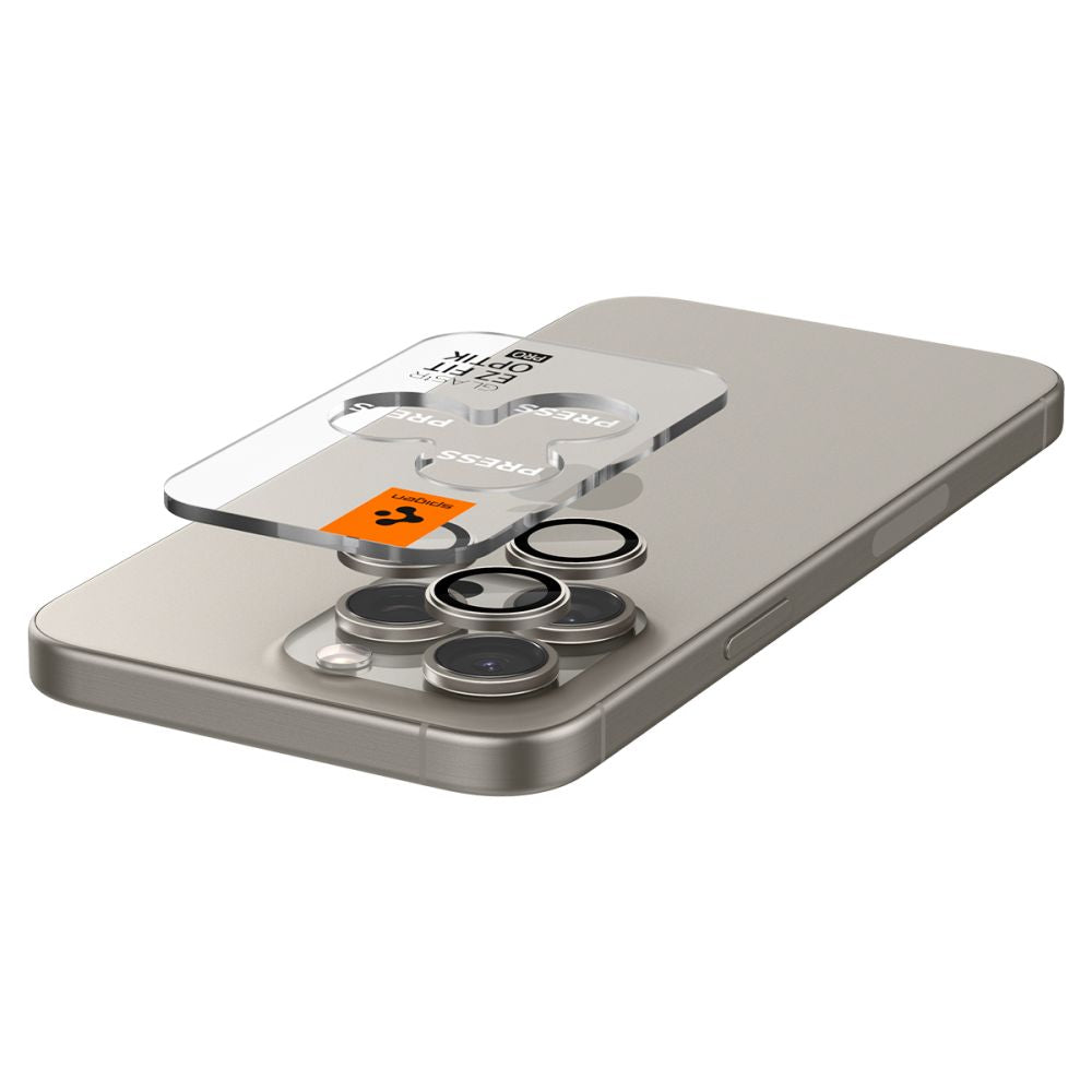 Película protetora da câmara traseira Spigen EZ FIT para Apple iPhone 15 Pro Max / 15 Pro, Proteção de vidro, Conjunto 2 peças, Cinzento AGL07163