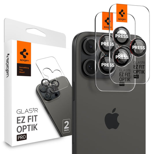 Back Camera Protective Film Spigen EZ FIT for Apple iPhone 16 Pro Max / 16 Pro / 15 Pro Max, Glass Protected, Set 2 pieces, Black AGL05217