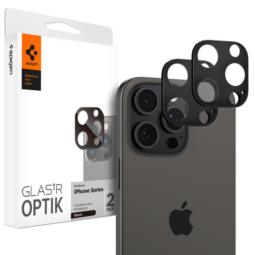 Película protetora da câmara traseira Spigen Optik para Apple iPhone 15 Pro Max / 15 Pro, proteção de vidro, cola total, conjunto de 2 peças, preto AGL05273
