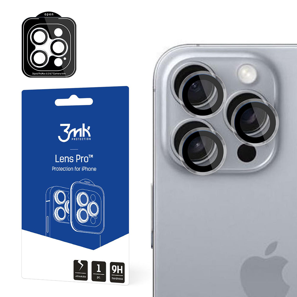 Película protetora para Câmara Traseira 3MK Lens Pro para Apple iPhone 16 Pro Max / 16 Pro, Vidro Temperado, Preto