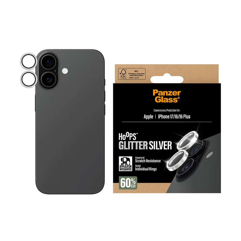 Película de Proteção para Câmara Traseira PanzerGlass Hoops Glitter para Apple iPhone 17 / 16 Plus / 16, Vidro Temperado, Prateada