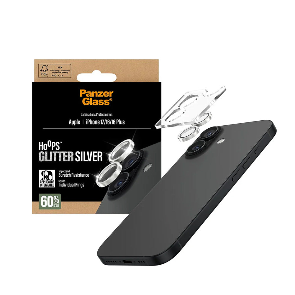 Película de Proteção para Câmara Traseira PanzerGlass Hoops Glitter para Apple iPhone 17 / 16 Plus / 16, Vidro Temperado, Prateada