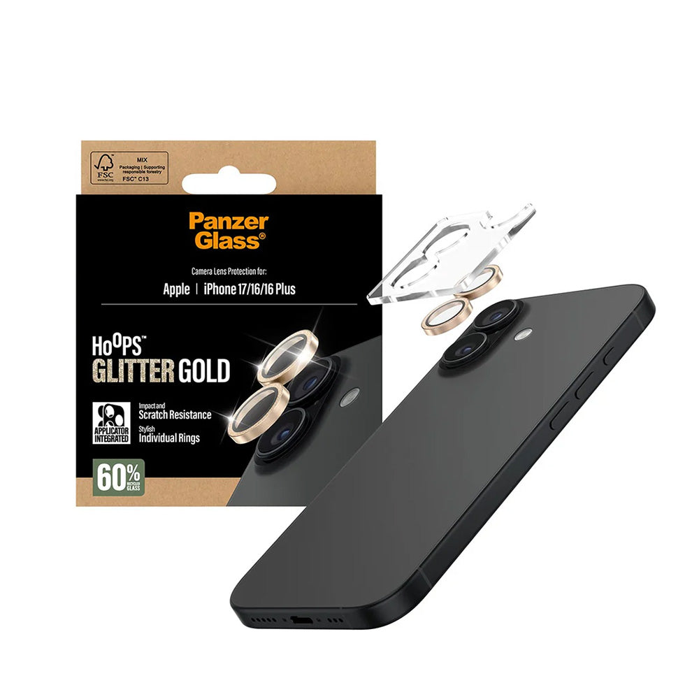 Película Protetora de Câmera Traseira PanzerGlass Hoops Glitter para Apple iPhone 17 / 16 Plus / 16, Vidro Temperado, Dourada