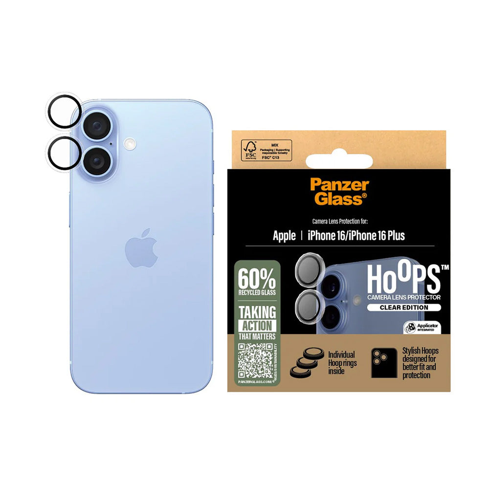 Película Protetora de Câmera Traseira PanzerGlass Hoops para Apple iPhone 16 Plus / 16, Vidro Temperado, Transparente