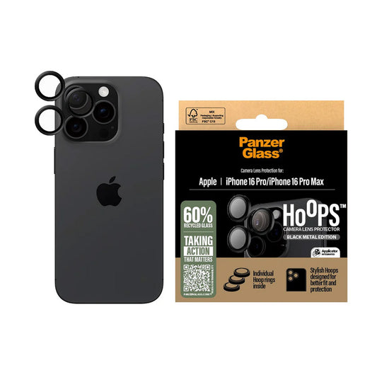Película Protetora de Câmera Traseira PanzerGlass Hoops para Apple iPhone 16 Pro Max / 16 Pro, Vidro Temperado, Preto