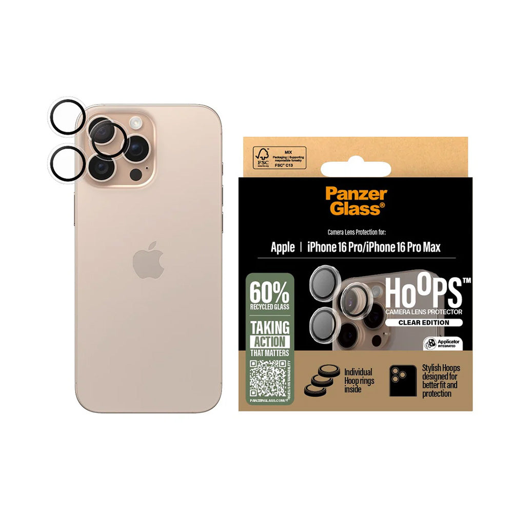 Película Protetora de Câmera Traseira PanzerGlass Hoops para Apple iPhone 16 Pro Max / 16 Pro, Vidro Temperado, Transparente