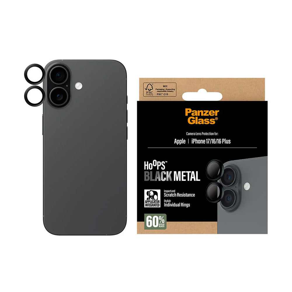 Película Protetora de Câmera Traseira PanzerGlass Hoops para Apple iPhone 17 / 16 Plus / 16, Vidro Temperado, Preto
