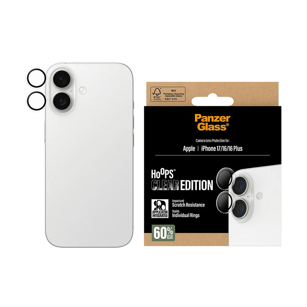 Película Protetora de Câmera Traseira PanzerGlass Hoops para Apple iPhone 17 / 16 Plus / 16, Vidro Temperado, Transparente