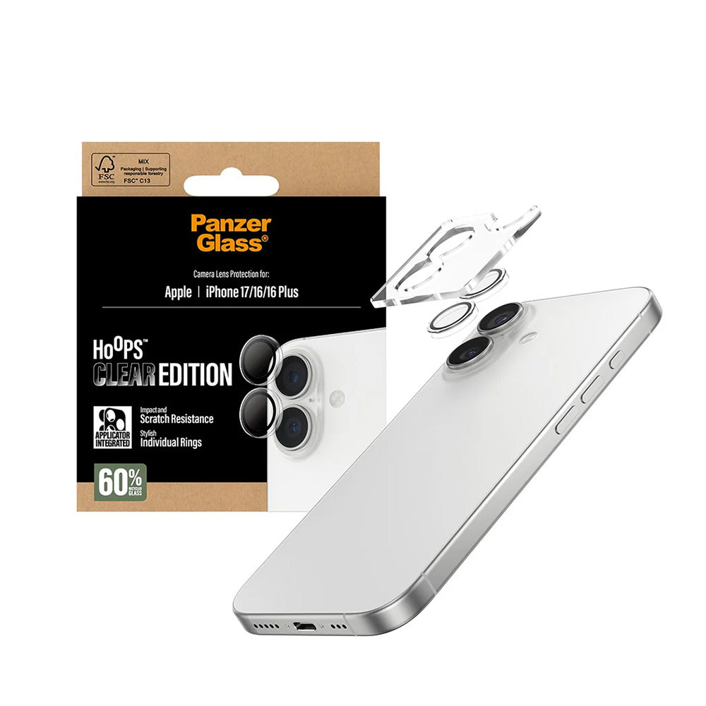 Película Protetora de Câmera Traseira PanzerGlass Hoops para Apple iPhone 17 / 16 Plus / 16, Vidro Temperado, Transparente
